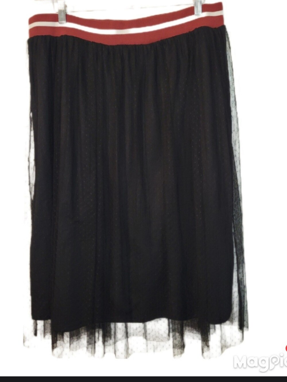 Black Midi Pull-On Skirt Layered Tulle Subtle Dotted Pattern A-line 1X Whimsical